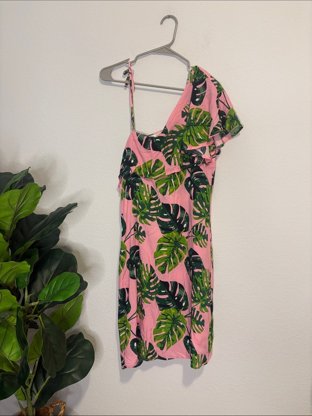 NWT All For Color Blushing Palms One-Shoulder Dress in Pink & Green